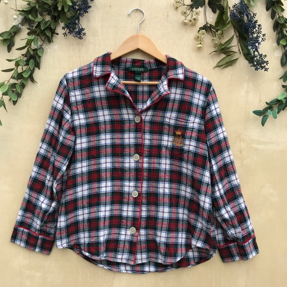 Ralph Lauren Plaid Monogram Button Down Sleep Top - Picture 1 of 8